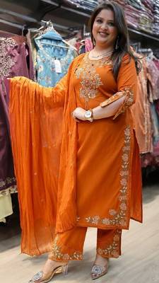 Orange heavy vichitra silk party wear embroidery suit set 2