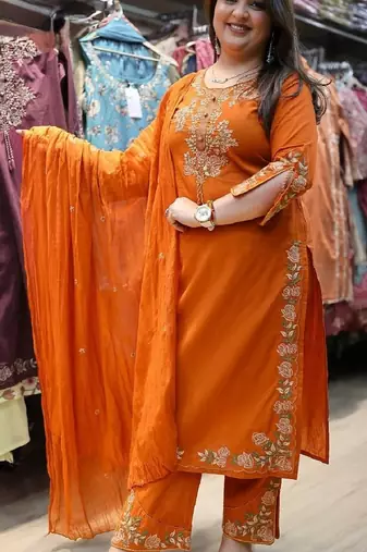 Orange heavy vichitra silk party wear embroidery suit set