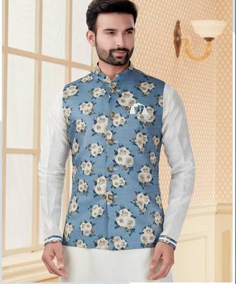 Sky blue jacquard digital print jacket kurta pajama set with fancy buttons. 2