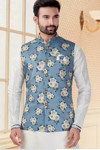 Sky blue jacquard digital print jacket kurta pajama set with fancy buttons.