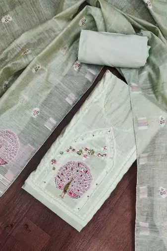 women's sea green unstitched pure banarasi cotton dress material & woven dupatta