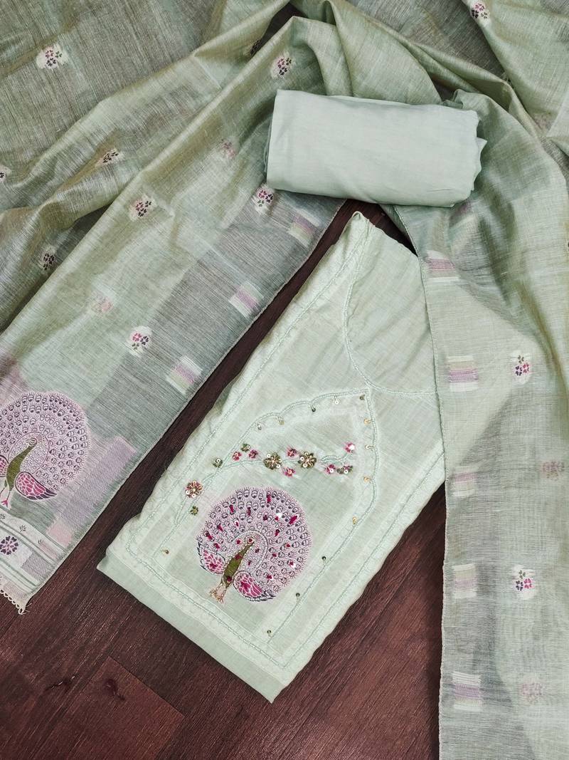 women's sea green unstitched pure banarasi cotton dress material & woven dupatta