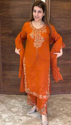 Orange heavy vichitra silk party wear embroidery suit set 3