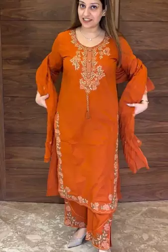 Orange heavy vichitra silk party wear embroidery suit set