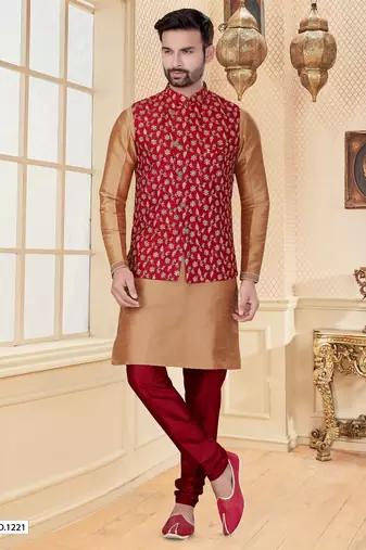 Maroon jacquard zari computer embroidered jacket kurta pajama set with fancy buttons