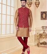 Maroon jacquard zari computer embroidered jacket kurta pajama set with fancy buttons