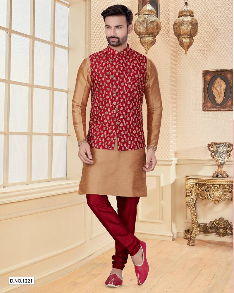 Maroon jacquard zari computer embroidered jacket kurta pajama set with fancy buttons
