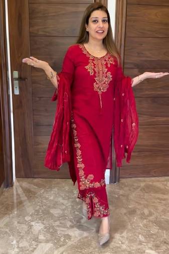 Red heavy vichitra silk party wear embroidery suit set