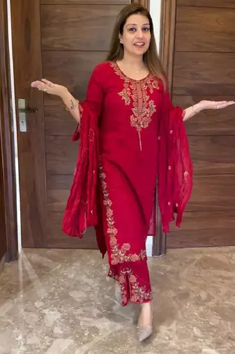 Red heavy vichitra silk party wear embroidery suit set