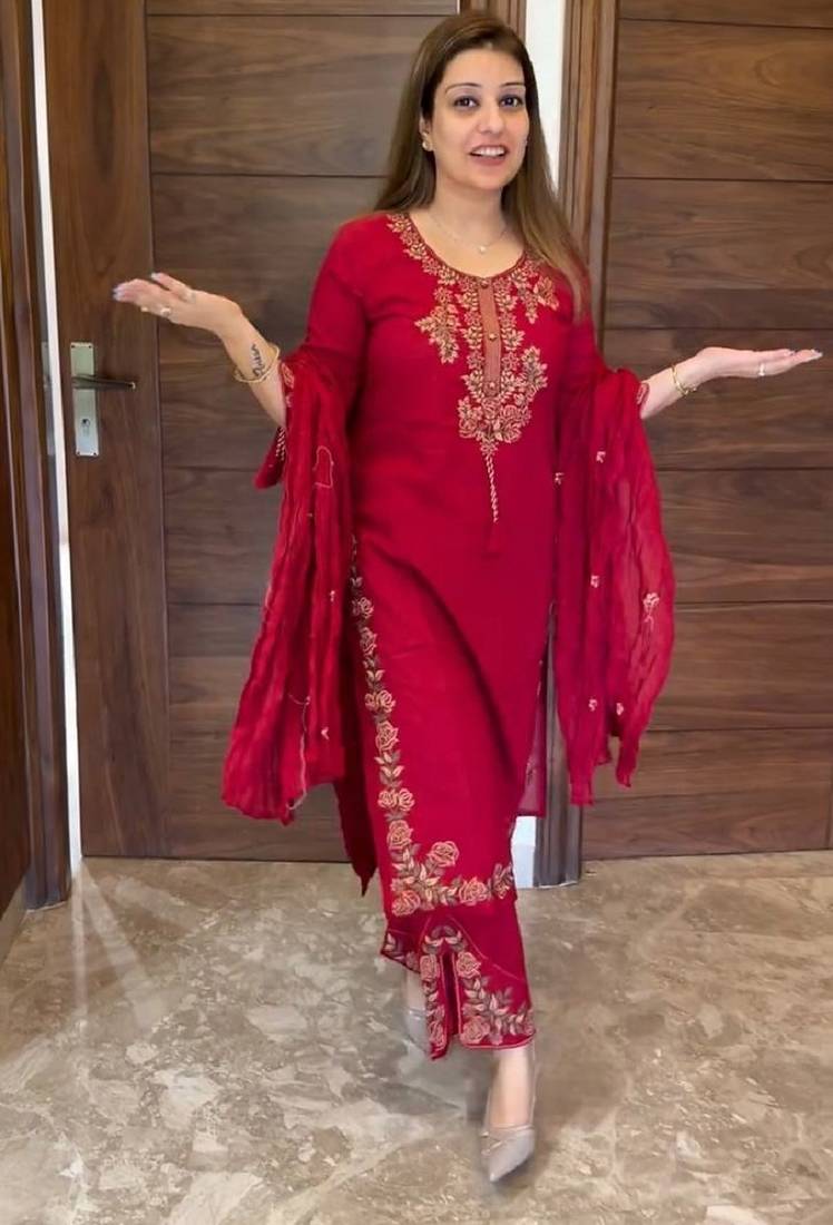 Red heavy vichitra silk party wear embroidery suit set