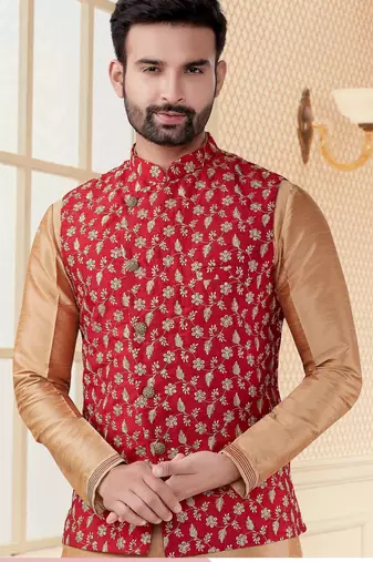 Maroon jacquard zari computer embroidered jacket kurta pajama set with fancy buttons