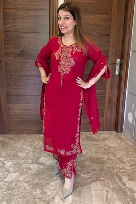 Red heavy vichitra silk party wear embroidery suit set 2