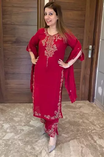 Red heavy vichitra silk party wear embroidery suit set