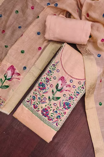 women's light peach unstitched banarasi cotton dress material with woven dupatta