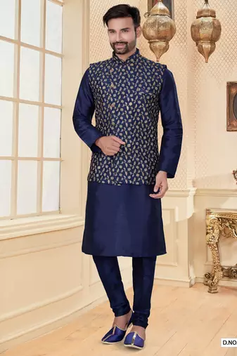 Navy blue jacquard zari computer embroidered jacket kurta pajama set with fancy buttons