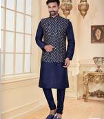 Navy blue jacquard zari computer embroidered jacket kurta pajama set with fancy buttons