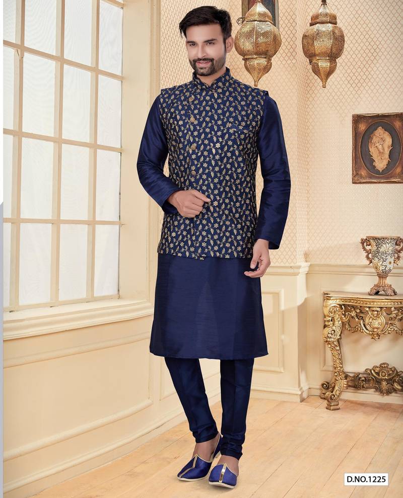 Navy blue jacquard zari computer embroidered jacket kurta pajama set with fancy buttons