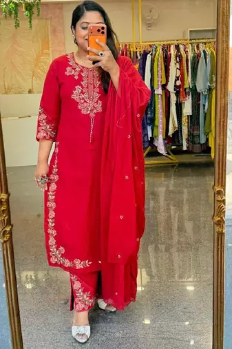 Red heavy vichitra silk party wear embroidery suit set