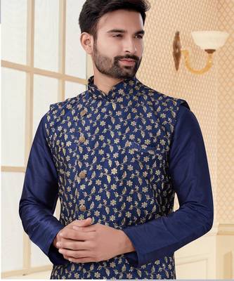 Navy blue jacquard zari computer embroidered jacket kurta pajama set with fancy buttons 2