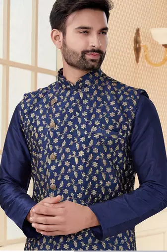 Navy blue jacquard zari computer embroidered jacket kurta pajama set with fancy buttons