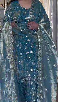 Sky blue heavy crushi silk party wear embroidery suit set 1