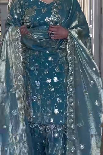 Sky blue heavy crushi silk party wear embroidery suit set