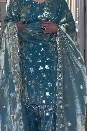 Sky blue heavy crushi silk party wear embroidery suit set
