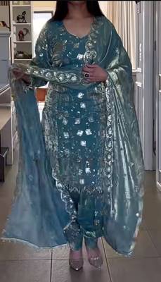 Sky blue heavy crushi silk party wear embroidery suit set 2