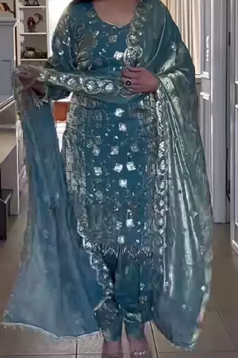 Sky blue heavy crushi silk party wear embroidery suit set
