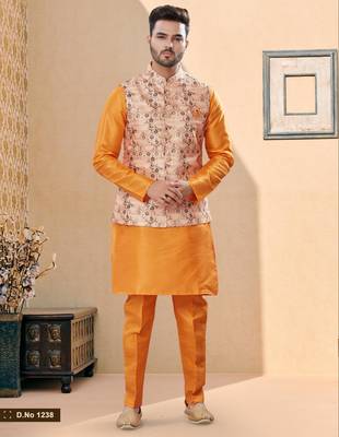 Peach jacquard digital printed jacket kurta pajama set with fancy buttons. 1