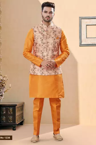 Peach jacquard digital printed jacket kurta pajama set with fancy buttons.
