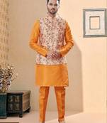 Peach jacquard digital printed jacket kurta pajama set with fancy buttons.