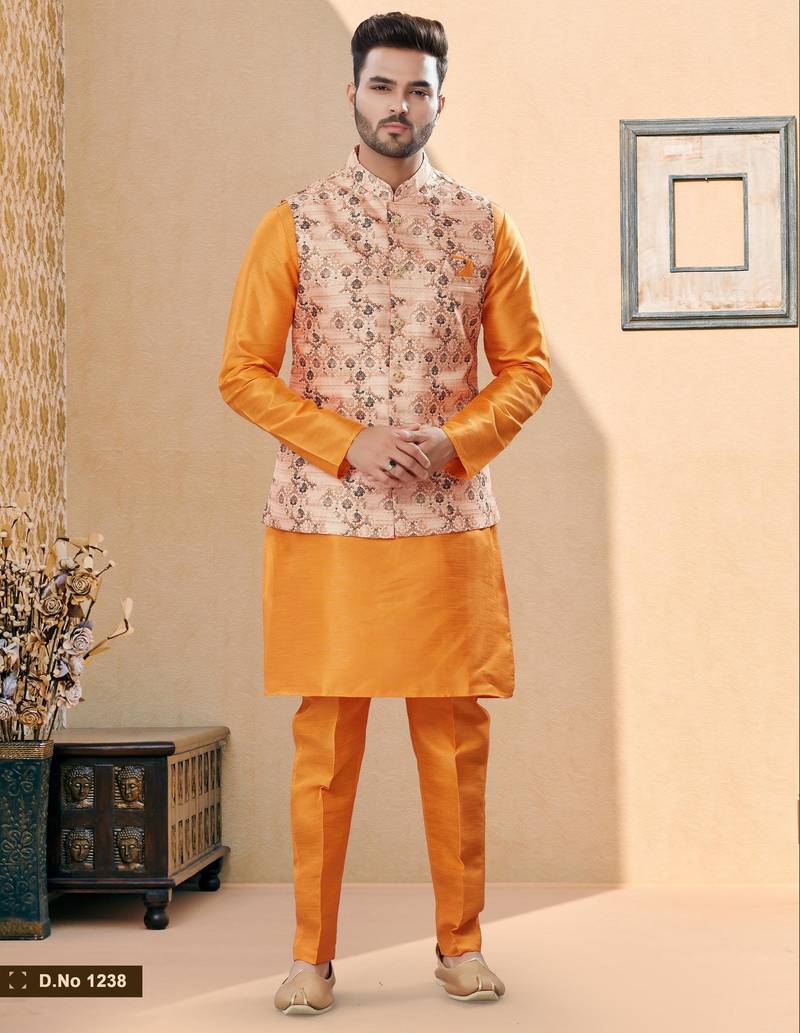 Peach jacquard digital printed jacket kurta pajama set with fancy buttons.
