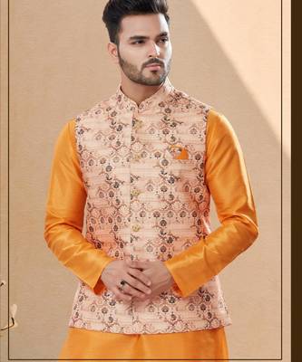 Peach jacquard digital printed jacket kurta pajama set with fancy buttons. 2