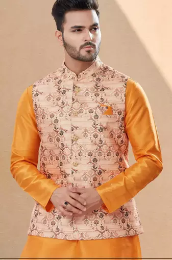 Peach jacquard digital printed jacket kurta pajama set with fancy buttons.