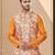 Peach jacquard digital printed jacket kurta pajama set with fancy buttons.
