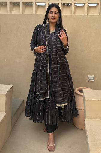 Black heavy brocade party wear embroidery anarkali suit set