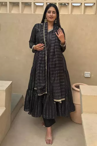 Black heavy brocade party wear embroidery anarkali suit set