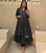 Black heavy brocade party wear embroidery anarkali suit set