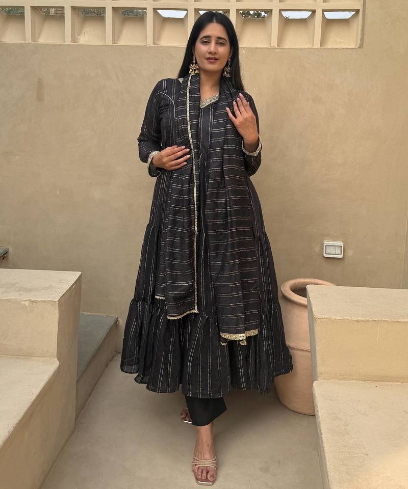 Black heavy brocade party wear embroidery anarkali suit set