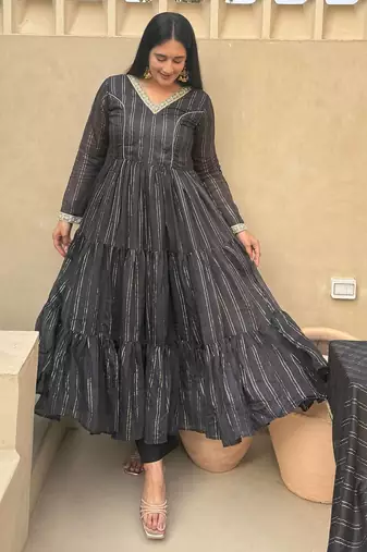 Black heavy brocade party wear embroidery anarkali suit set