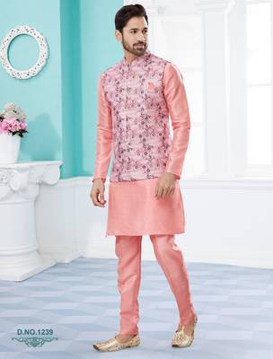 Pink jacquard digital print jacket kurta pajama set with fancy buttons. 1