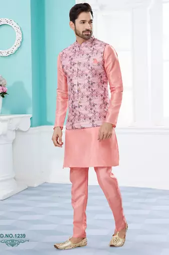 Pink jacquard digital print jacket kurta pajama set with fancy buttons.