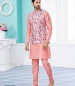 Pink jacquard digital print jacket kurta pajama set with fancy buttons.