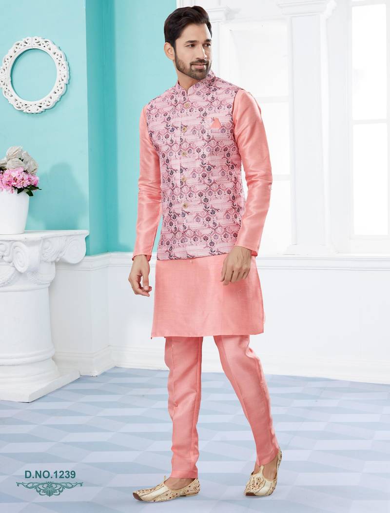 Pink jacquard digital print jacket kurta pajama set with fancy buttons.