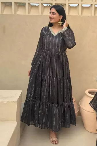 Black heavy brocade party wear embroidery anarkali suit set