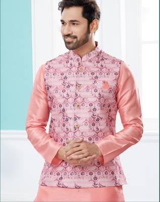Pink jacquard digital print jacket kurta pajama set with fancy buttons. 2