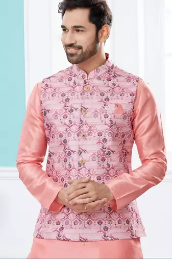 Pink jacquard digital print jacket kurta pajama set with fancy buttons.