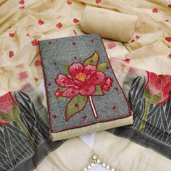 women's beige unstitched pure banarasi cotton dress material with woven dupatta 1