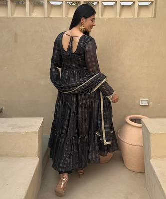 Black heavy brocade party wear embroidery anarkali suit set 4